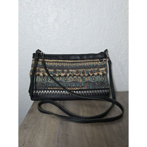 Sakroots Crossbody Leather Handbag Black Tapestry Zip Top - Picture 1 of 4
